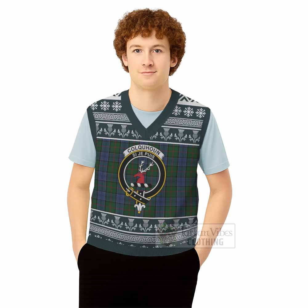 Colquhoun Clan Tartan Christmas Knitted V-Neck Vest with Family Crest - Tartan Vibes Clothing