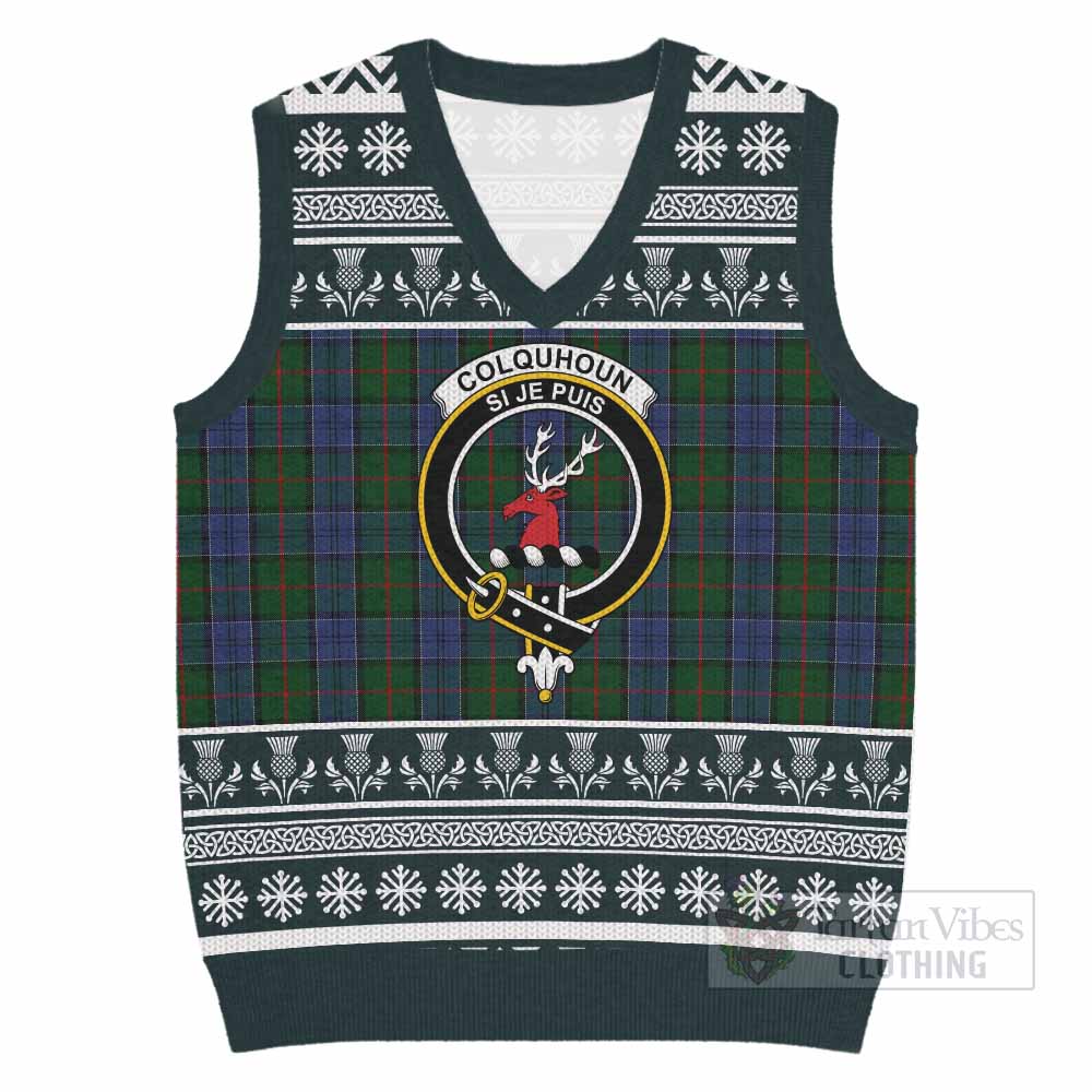 Colquhoun Clan Tartan Christmas Knitted V-Neck Vest with Family Crest - Tartan Vibes Clothing