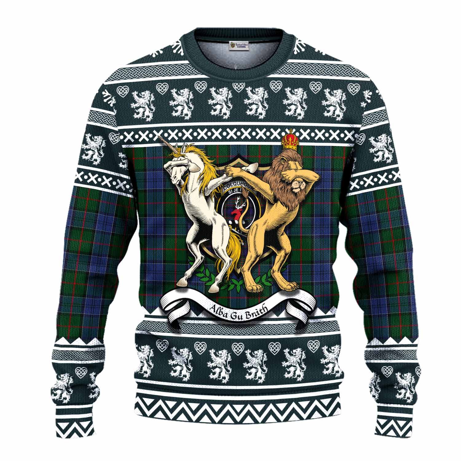 Colquhoun Clan Tartan Crest Christmas Ugly Sweater Coat of Arms Funny Style - Tartan Vibes Clothing