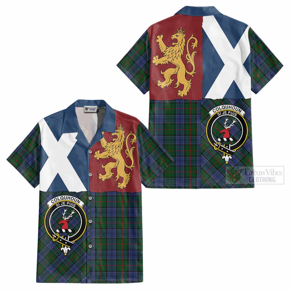 Colquhoun Crest Tartan Cotton Hawaiian Shirt with Lion Rampant Saltire Style - Tartan Vibes Clothing