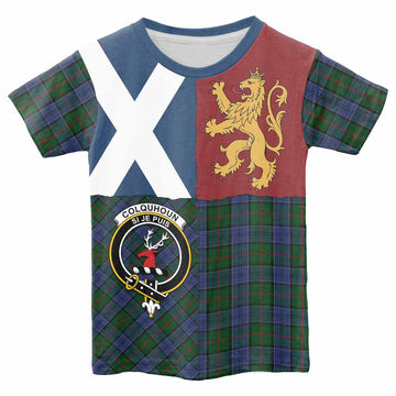 Colquhoun Crest Tartan Kid T-shirt with Lion Rampant Saltire Style - Tartan Vibes Clothing