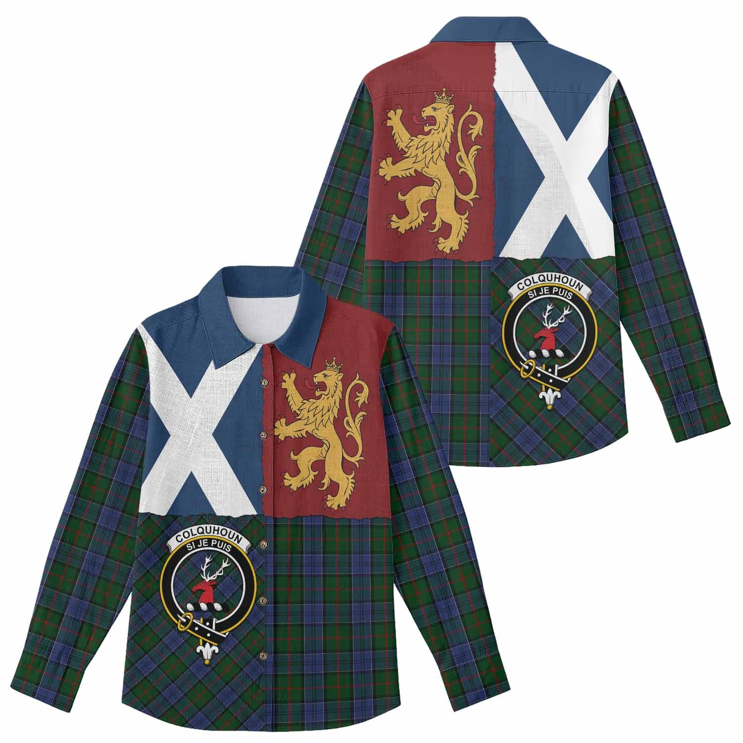 Colquhoun Crest Tartan Women Casual Shirt with Lion Rampant Saltire Style