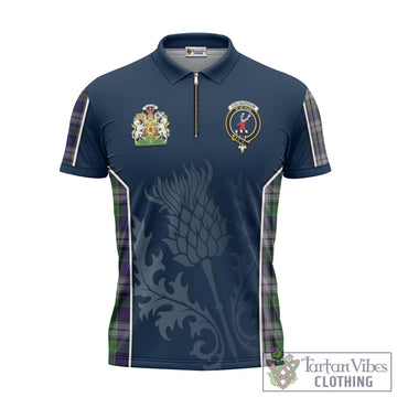 Colquhoun Dress Tartan Zipper Polo Shirt with Family Crest and Scottish Thistle Vibes Sport Style