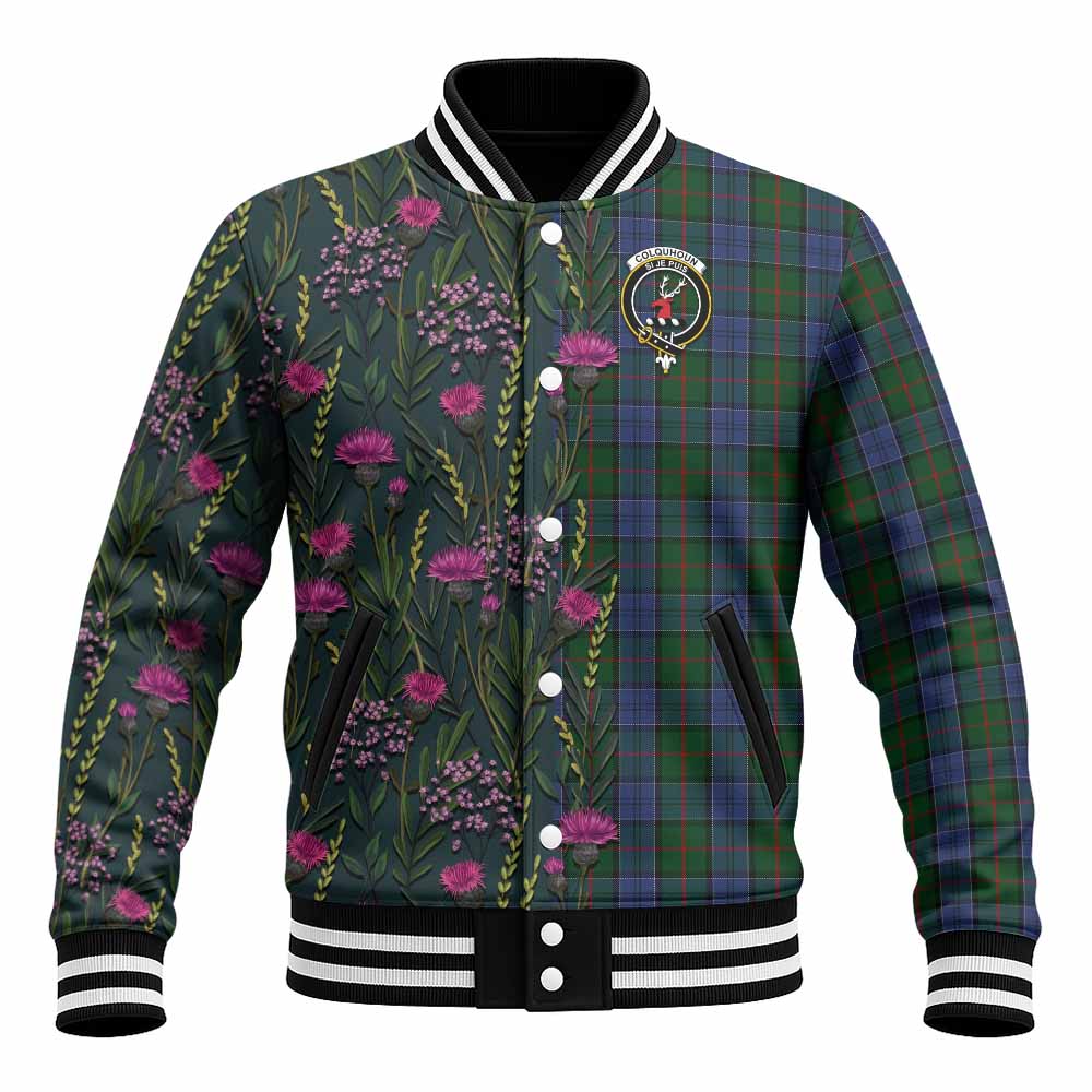 Colquhoun Family Crest Tartan Baseball Jacket Scottish Thistle Flower Pattern Half Style - Tartan Vibes Clothing