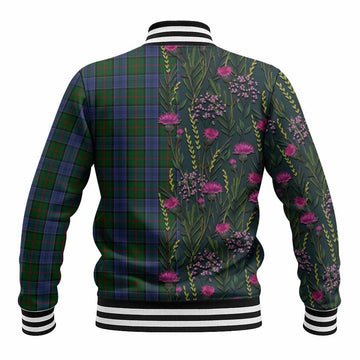 Colquhoun Family Crest Tartan Baseball Jacket Scottish Thistle Flower Pattern Half Style