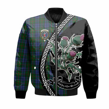 Colquhoun Family Crest Tartan Bomber Jacket Alba Thistle Inspired