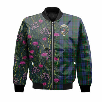 Colquhoun Family Crest Tartan Bomber Jacket Scottish Thistle Flower Pattern Half Style