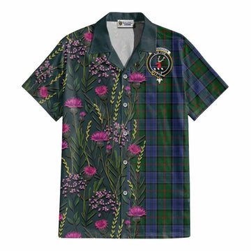 Colquhoun Family Crest Tartan Cotton Hawaiian Shirt Scottish Thistle Flower Pattern Half Style