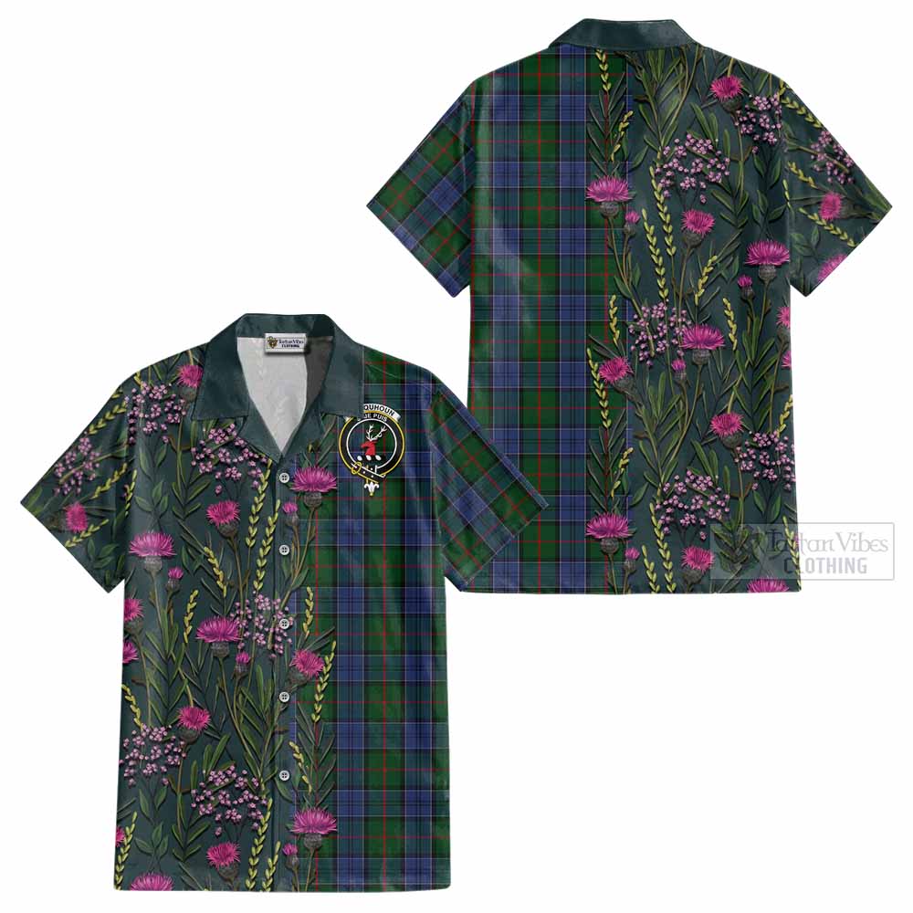 Colquhoun Family Crest Tartan Cotton Hawaiian Shirt Scottish Thistle Flower Pattern Half Style - Tartan Vibes Clothing