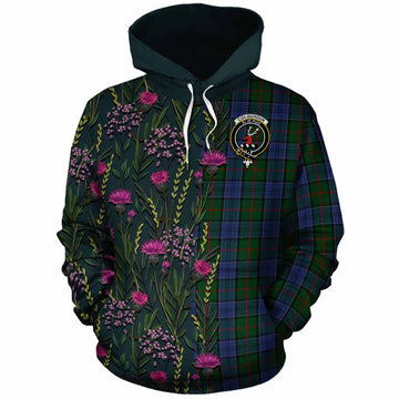 Colquhoun Family Crest Tartan Cotton Hoodie Scottish Thistle Flower Pattern Half Style