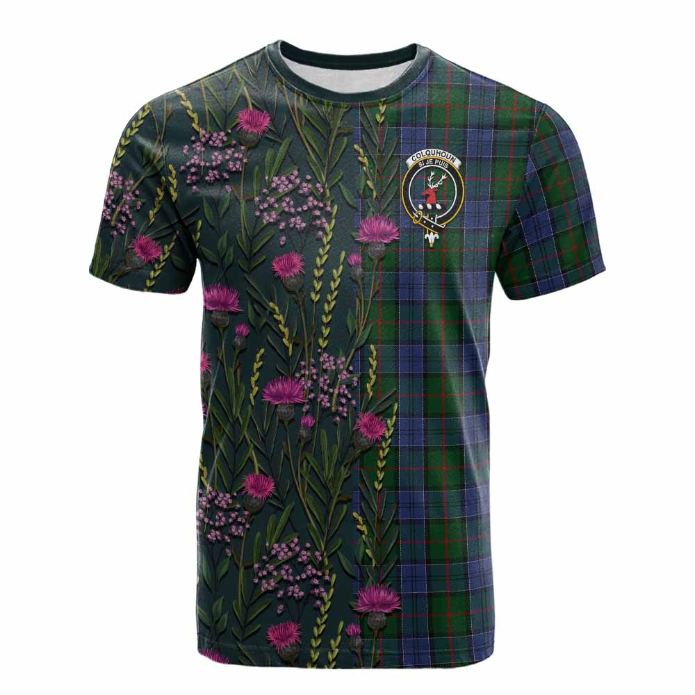 Colquhoun Family Crest Tartan Cotton T-shirt Scottish Thistle Flower Pattern Half Style - Tartan Vibes Clothing