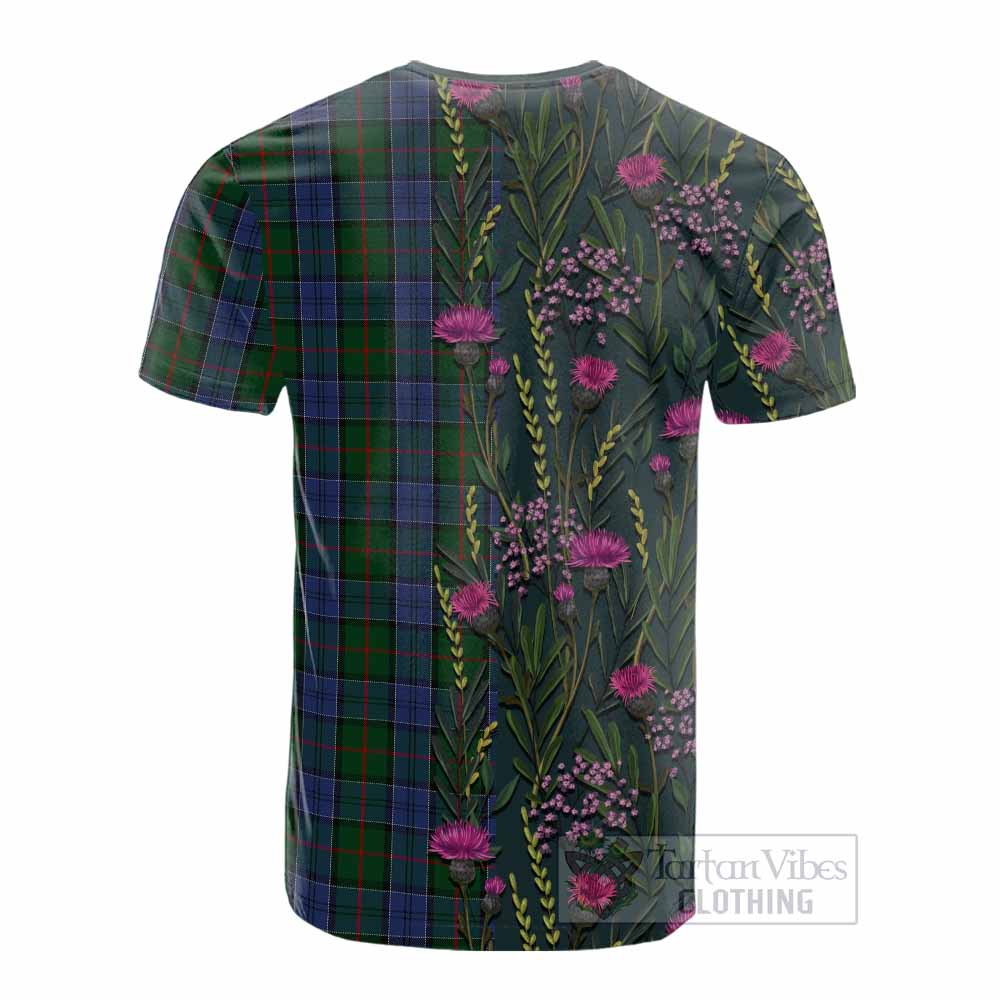 Colquhoun Family Crest Tartan Cotton T-shirt Scottish Thistle Flower Pattern Half Style - Tartan Vibes Clothing