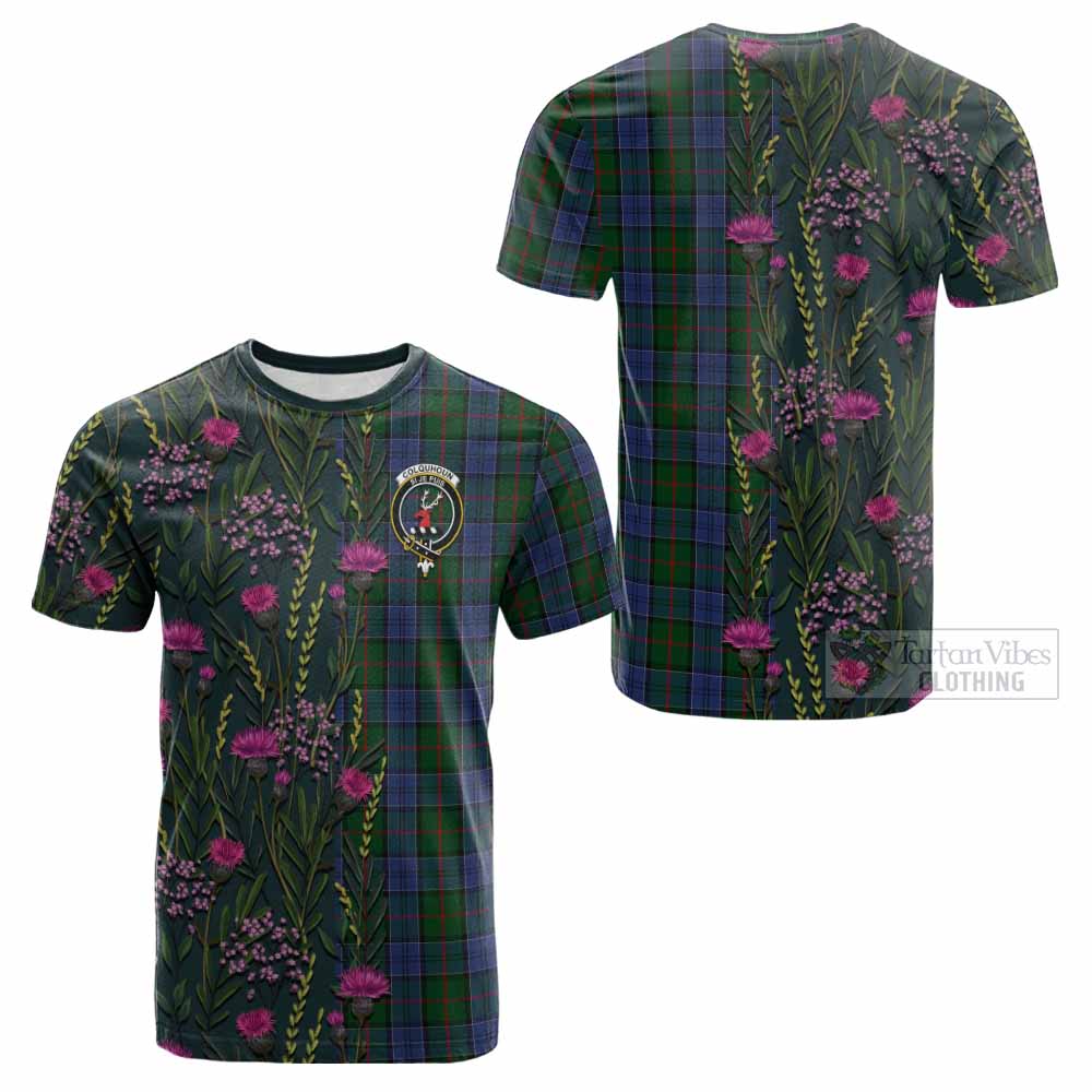 Colquhoun Family Crest Tartan Cotton T-shirt Scottish Thistle Flower Pattern Half Style - Tartan Vibes Clothing