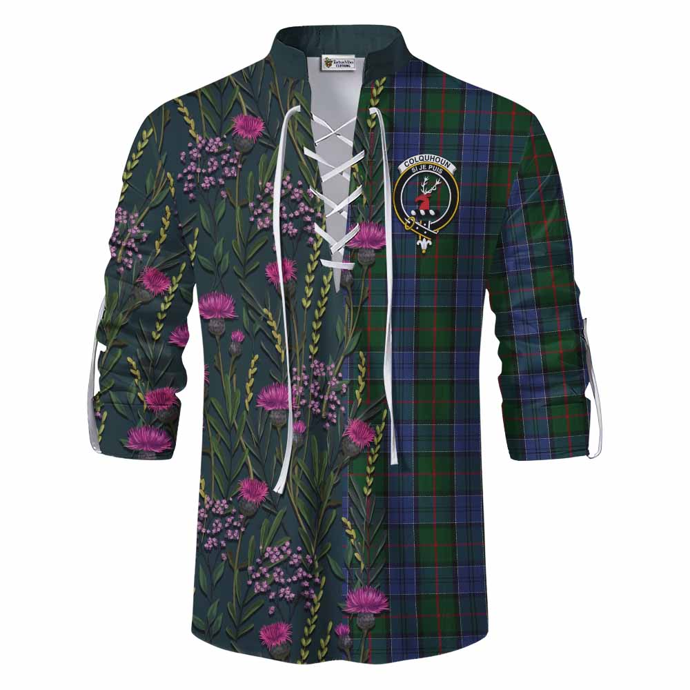 Colquhoun Family Crest Tartan Ghillie Shirt Scottish Thistle Flower Pattern Half Style - Tartan Vibes Clothing