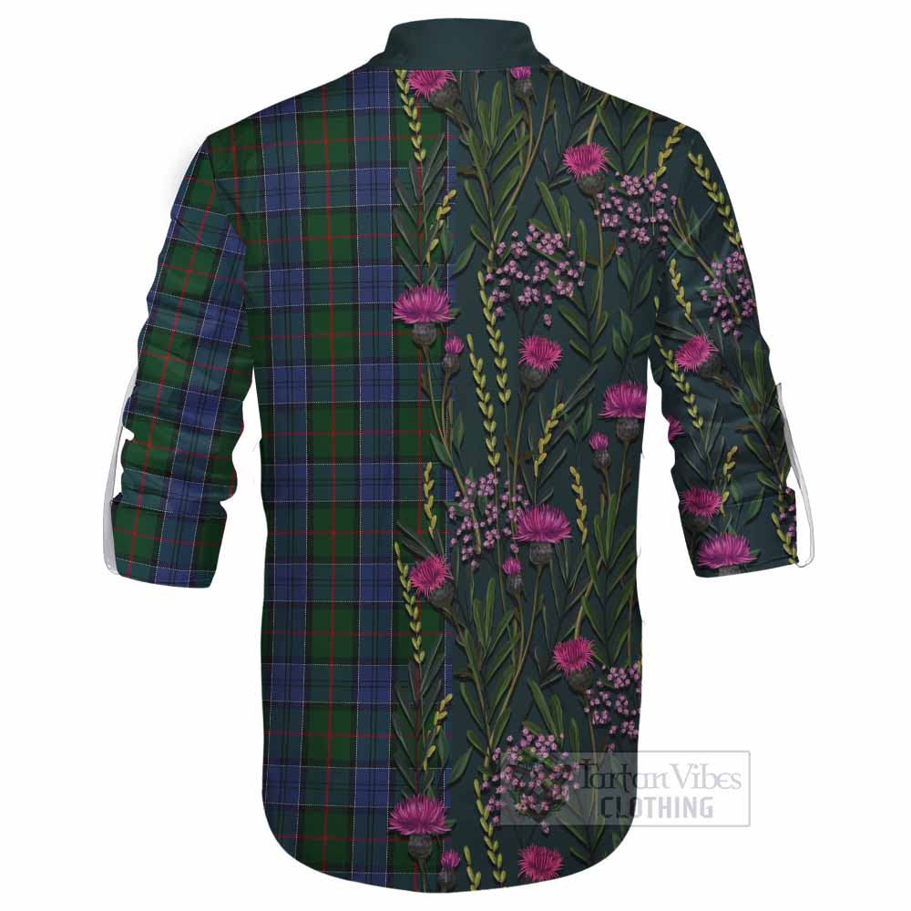 Colquhoun Family Crest Tartan Ghillie Shirt Scottish Thistle Flower Pattern Half Style - Tartan Vibes Clothing