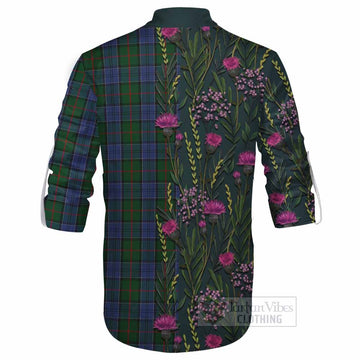 Colquhoun Family Crest Tartan Ghillie Shirt Scottish Thistle Flower Pattern Half Style