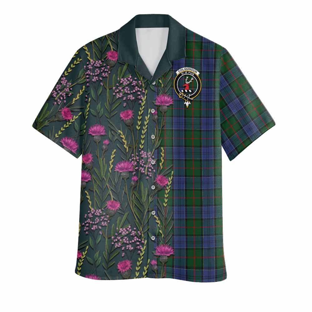 Colquhoun Family Crest Tartan Hawaiian Shirt Scottish Thistle Flower Pattern Half Style - Tartan Vibes Clothing