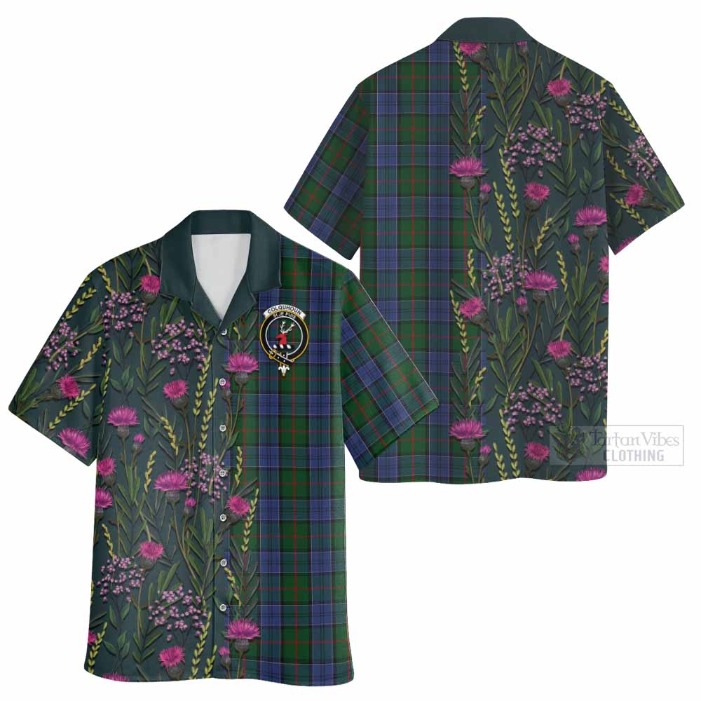 Colquhoun Family Crest Tartan Hawaiian Shirt Scottish Thistle Flower Pattern Half Style - Tartan Vibes Clothing