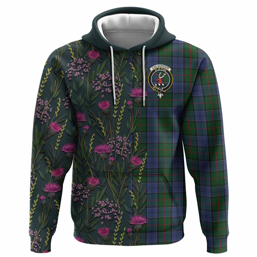 Colquhoun Family Crest Tartan Hoodie Scottish Thistle Flower Pattern Half Style - Tartan Vibes Clothing