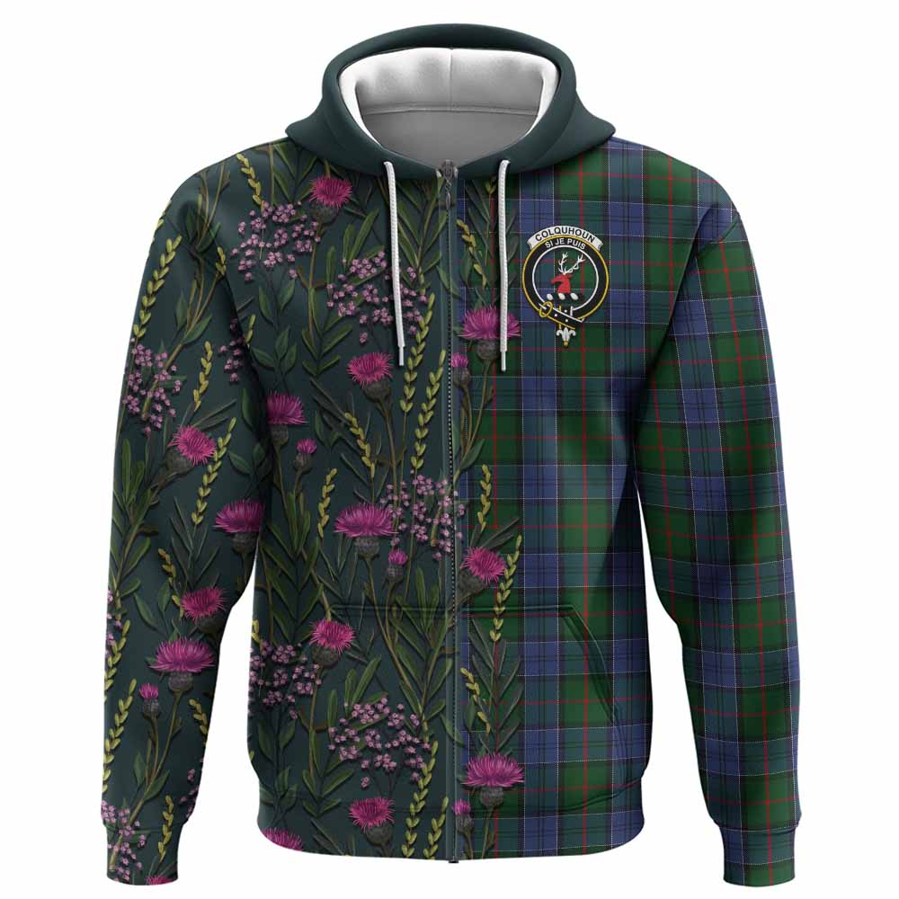 Colquhoun Family Crest Tartan Hoodie Scottish Thistle Flower Pattern Half Style - Tartan Vibes Clothing