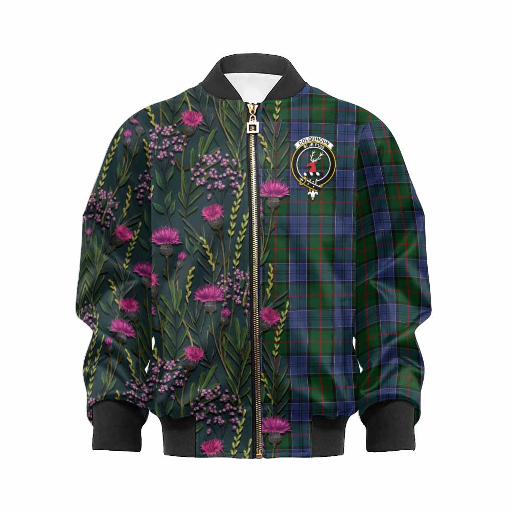 Colquhoun Family Crest Tartan Kid Bomber Jacket Scottish Thistle Flower Pattern Half Style - Tartan Vibes Clothing