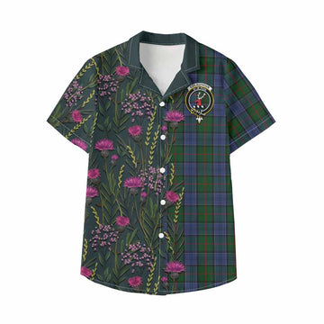 Colquhoun Family Crest Tartan Kid Hawaiian Shirt Scottish Thistle Flower Pattern Half Style - Tartan Vibes Clothing