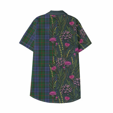 Colquhoun Family Crest Tartan Kid Hawaiian Shirt Scottish Thistle Flower Pattern Half Style - Tartan Vibes Clothing