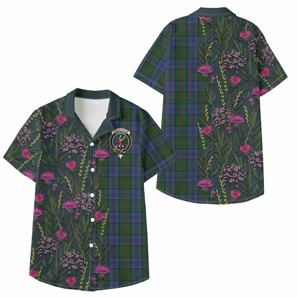 Colquhoun Family Crest Tartan Kid Hawaiian Shirt Scottish Thistle Flower Pattern Half Style - Tartan Vibes Clothing