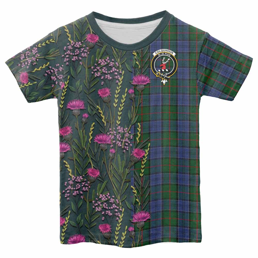 Colquhoun Family Crest Tartan Kid T-shirt Scottish Thistle Flower Pattern Half Style - Tartan Vibes Clothing