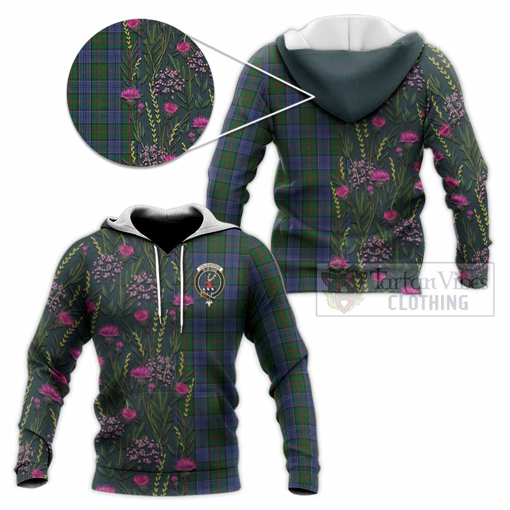 Colquhoun Family Crest Tartan Knitted Hoodie Scottish Thistle Flower Pattern Half Style - Tartan Vibes Clothing