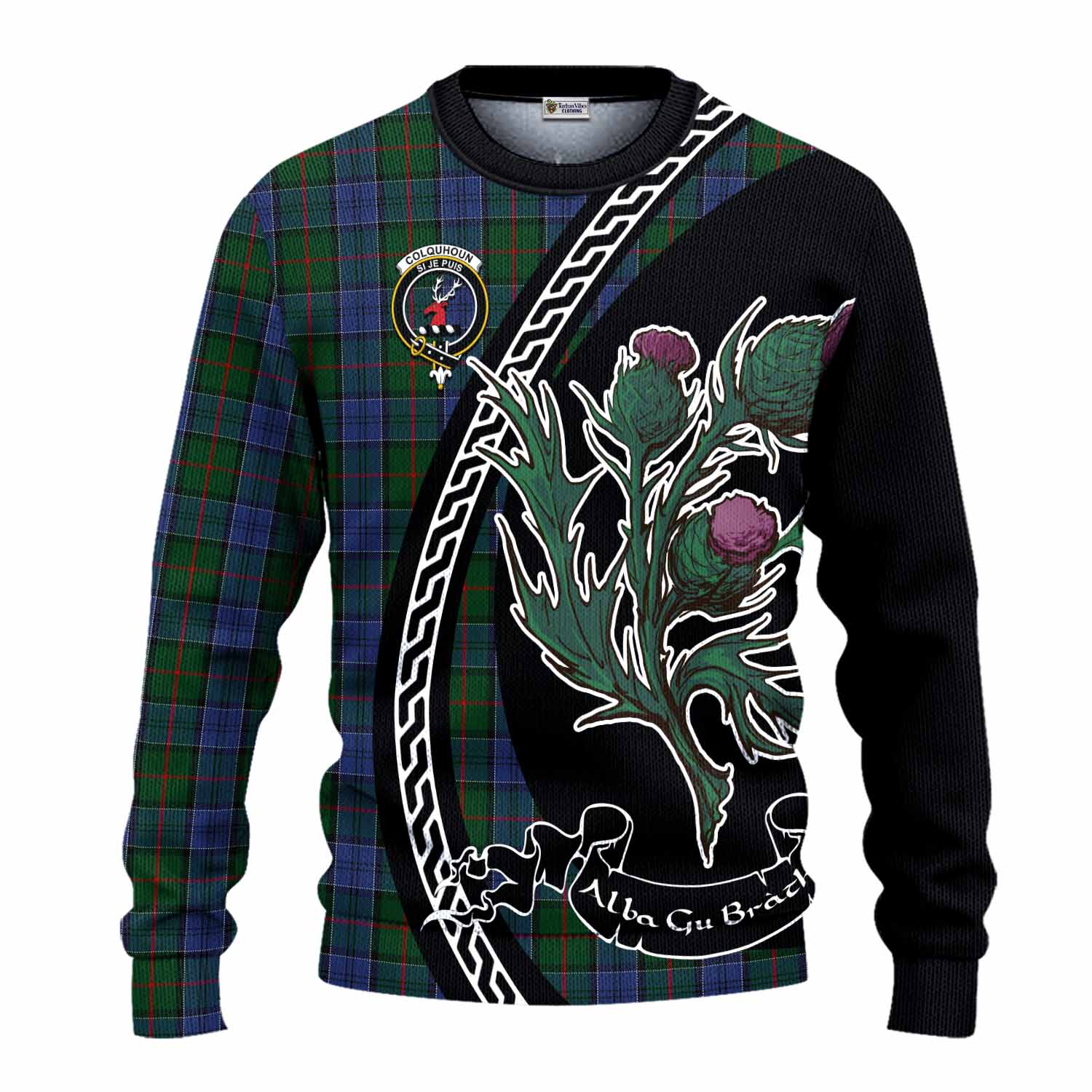 Colquhoun Family Crest Tartan Knitted Sweater Alba Thistle Inspired - Tartan Vibes Clothing