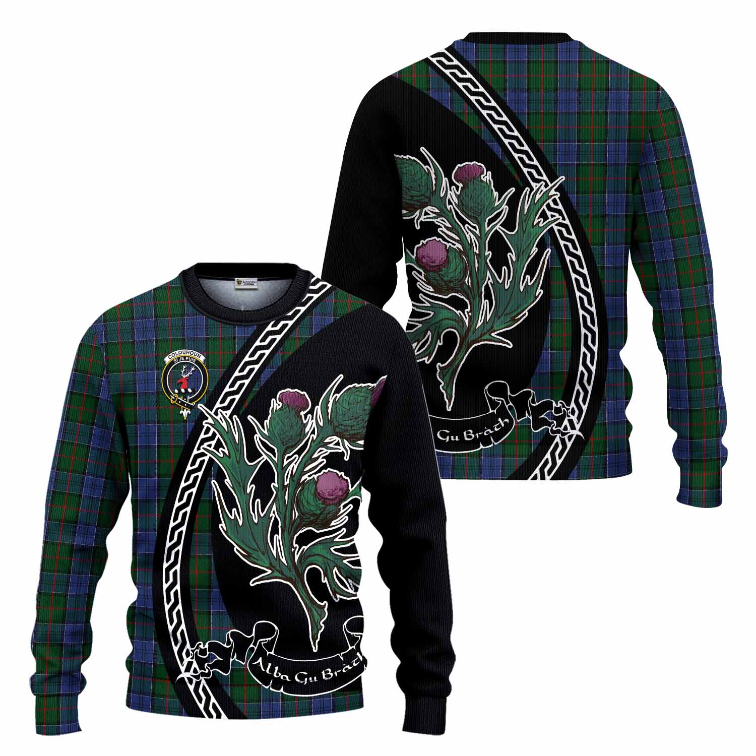 Colquhoun Family Crest Tartan Knitted Sweater Alba Thistle Inspired - Tartan Vibes Clothing