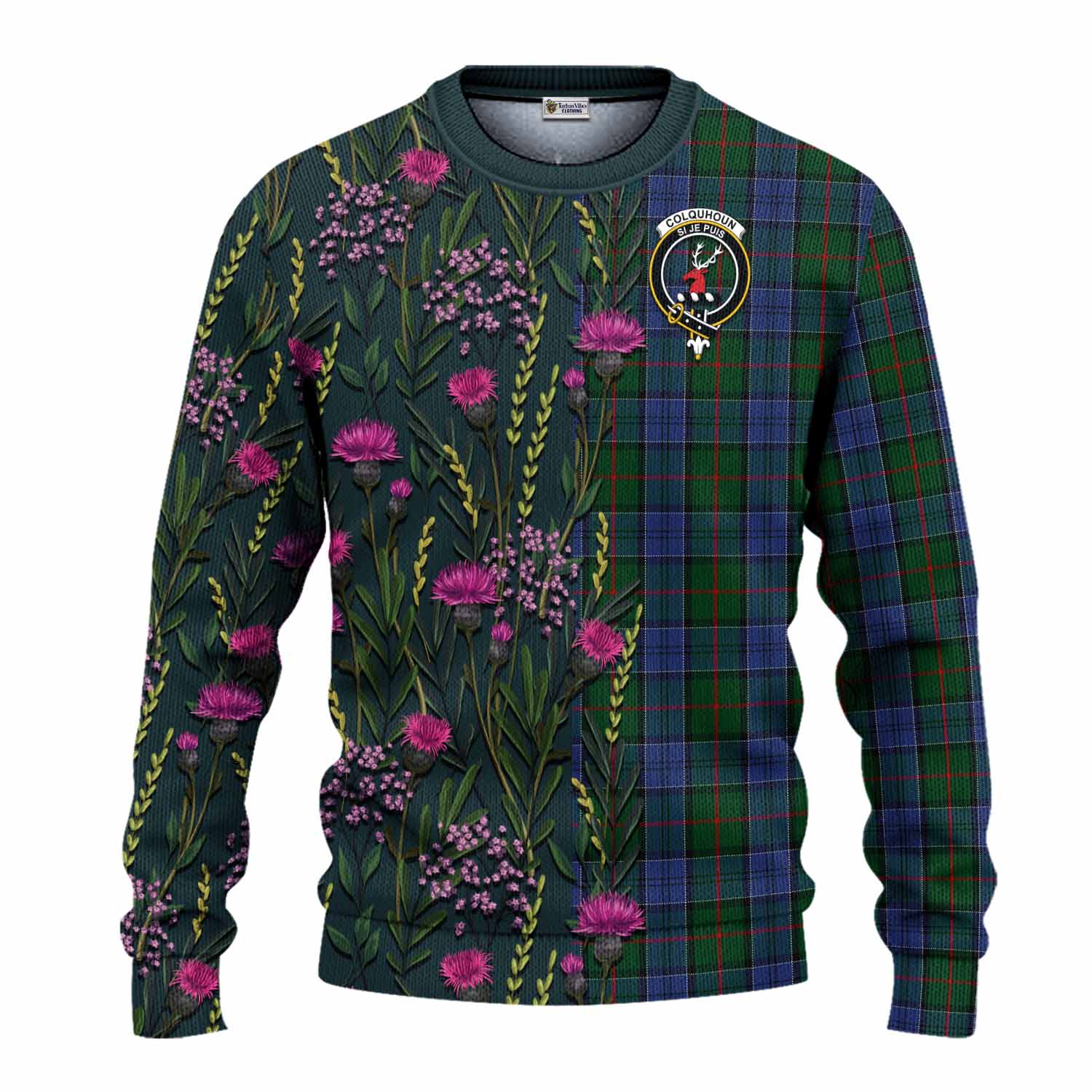 Colquhoun Family Crest Tartan Knitted Sweater Scottish Thistle Flower Pattern Half Style - Tartan Vibes Clothing