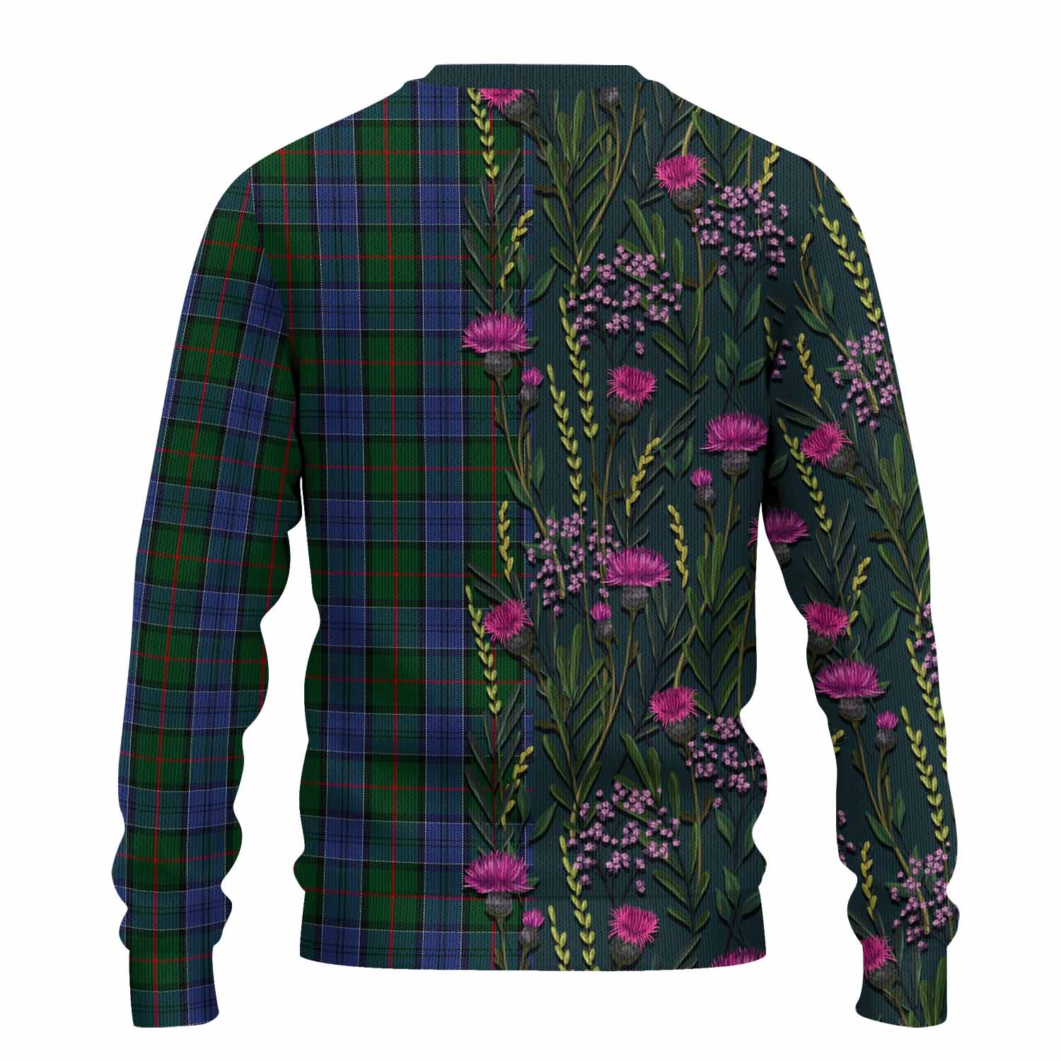 Colquhoun Family Crest Tartan Knitted Sweater Scottish Thistle Flower Pattern Half Style - Tartan Vibes Clothing