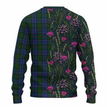 Colquhoun Family Crest Tartan Knitted Sweater Scottish Thistle Flower Pattern Half Style