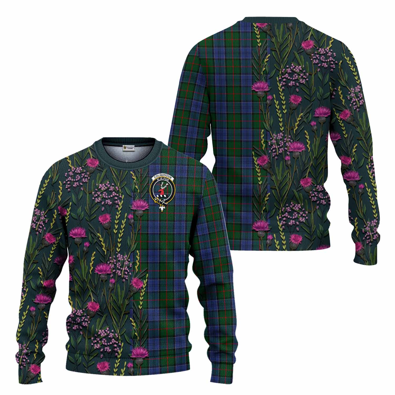 Colquhoun Family Crest Tartan Knitted Sweater Scottish Thistle Flower Pattern Half Style - Tartan Vibes Clothing