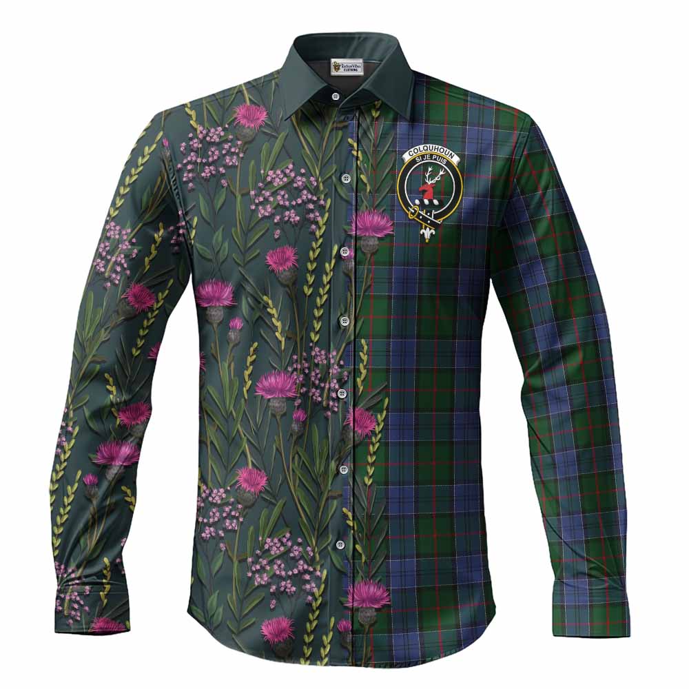 Colquhoun Family Crest Tartan Long Sleeve Button Shirts Scottish Thistle Flower Pattern Half Style - Tartan Vibes Clothing