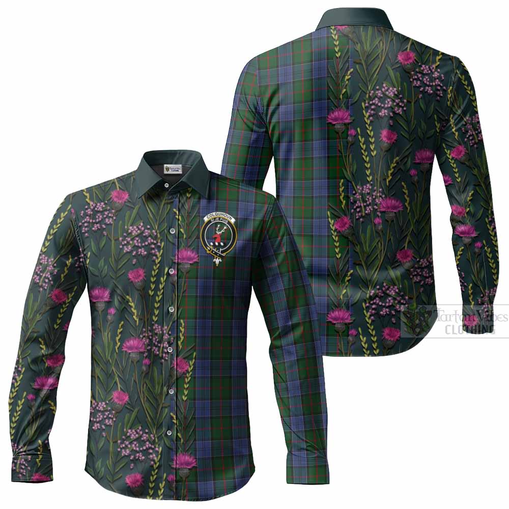 Colquhoun Family Crest Tartan Long Sleeve Button Shirts Scottish Thistle Flower Pattern Half Style - Tartan Vibes Clothing
