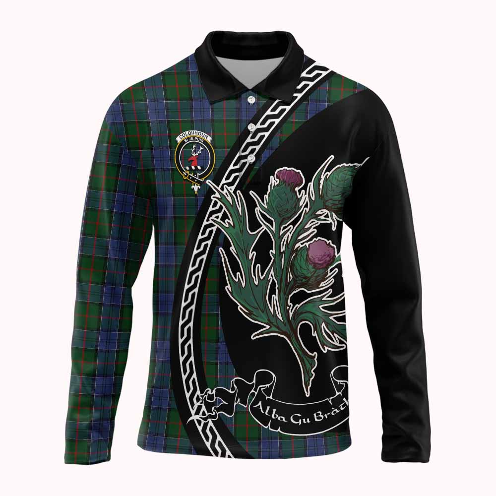 Colquhoun Family Crest Tartan Long Sleeve Polo Shirt Alba Thistle Inspired - Tartan Vibes Clothing