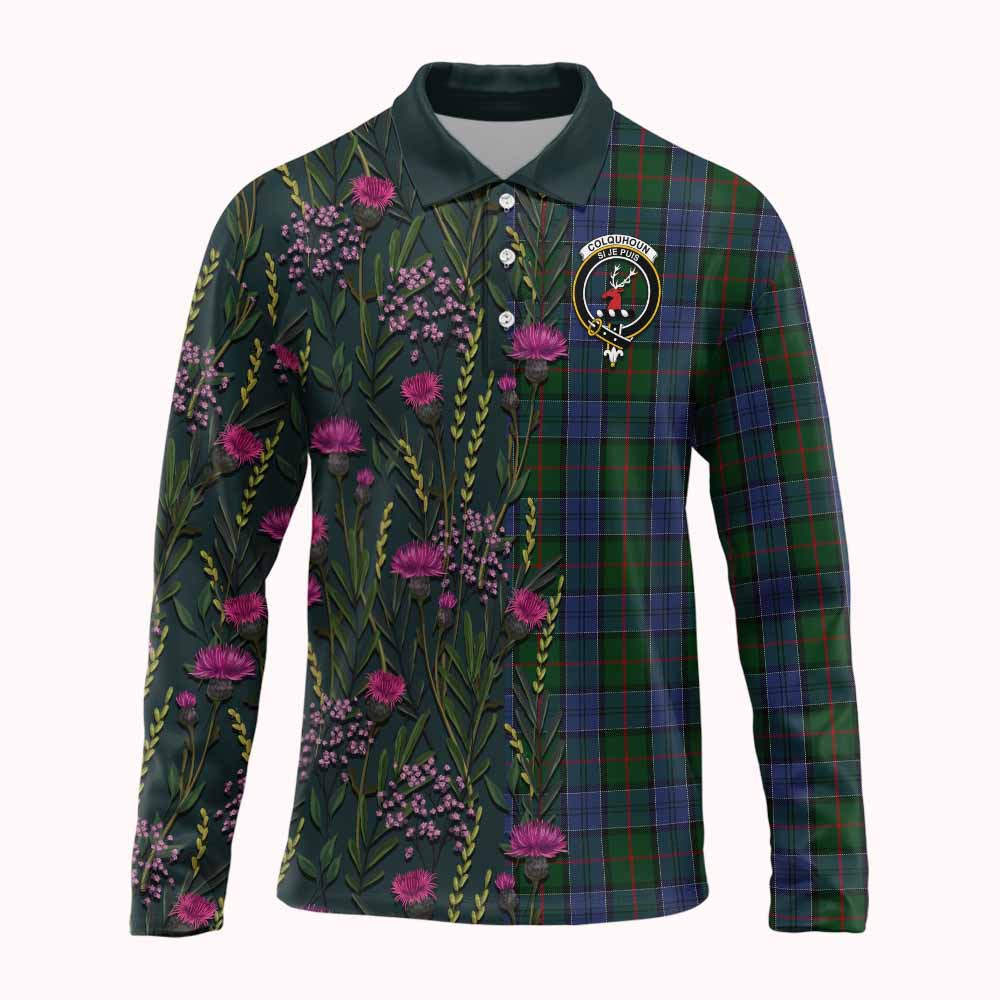 Colquhoun Family Crest Tartan Long Sleeve Polo Shirt Scottish Thistle Flower Pattern Half Style - Tartan Vibes Clothing