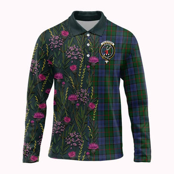 Colquhoun Family Crest Tartan Long Sleeve Polo Shirt Scottish Thistle Flower Pattern Half Style