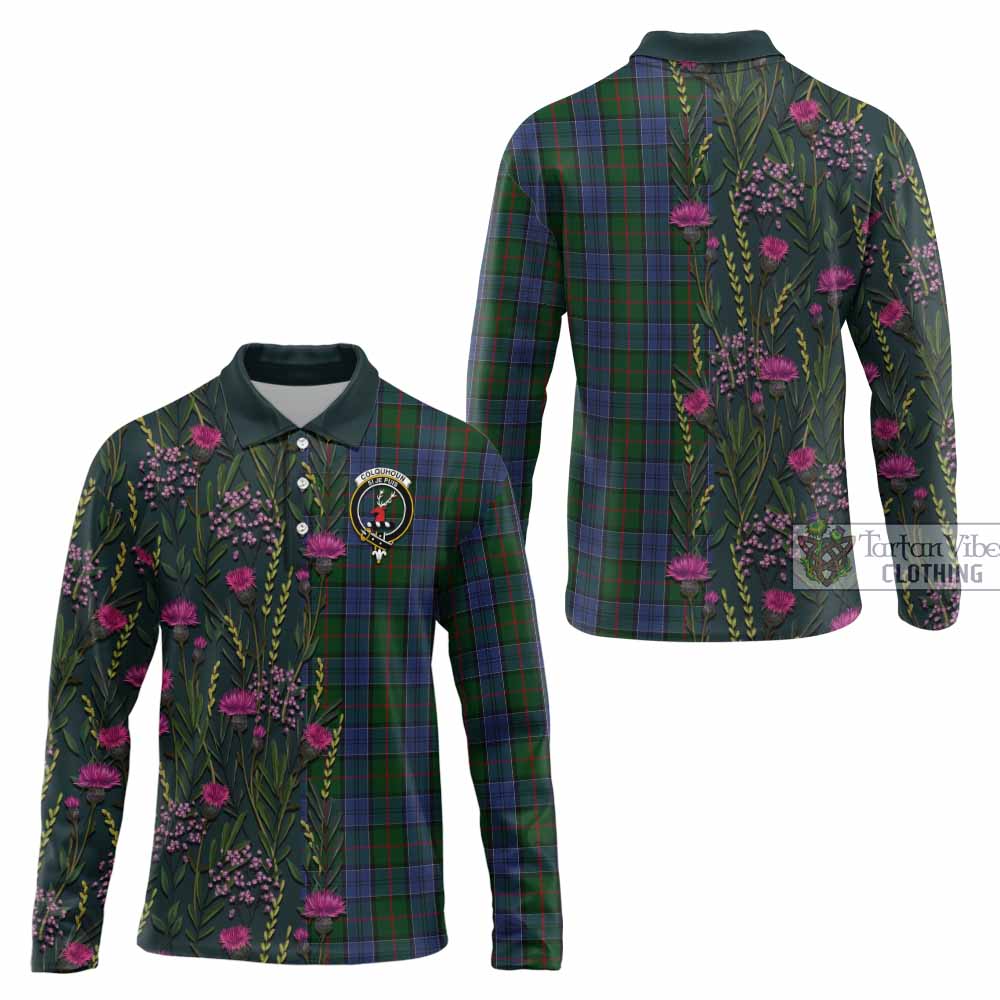 Colquhoun Family Crest Tartan Long Sleeve Polo Shirt Scottish Thistle Flower Pattern Half Style - Tartan Vibes Clothing