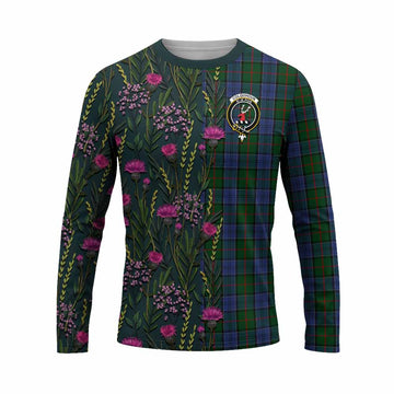 Colquhoun Family Crest Tartan Long Sleeve T-Shirt Scottish Thistle Flower Pattern Half Style - Tartan Vibes Clothing