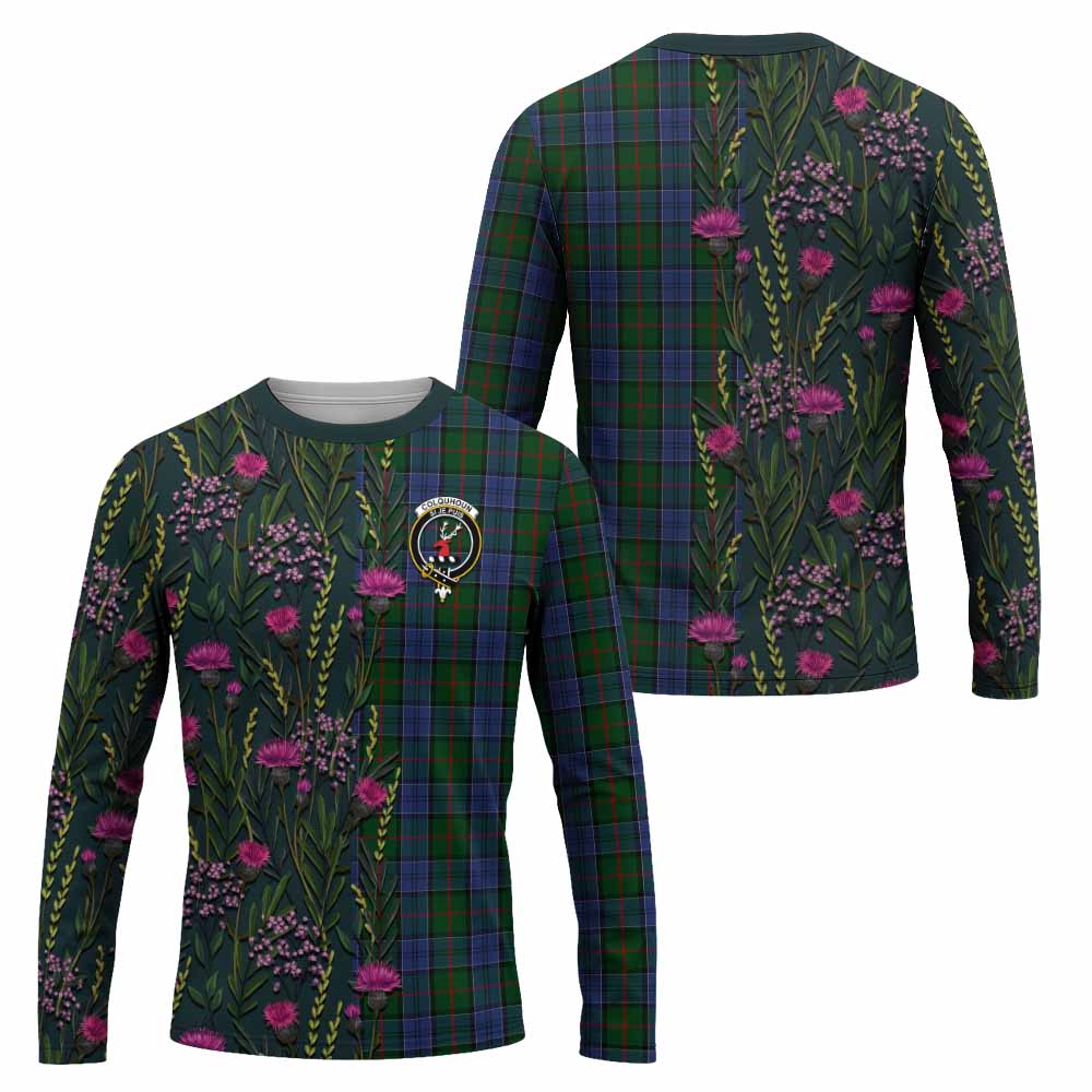 Colquhoun Family Crest Tartan Long Sleeve T-Shirt Scottish Thistle Flower Pattern Half Style - Tartan Vibes Clothing