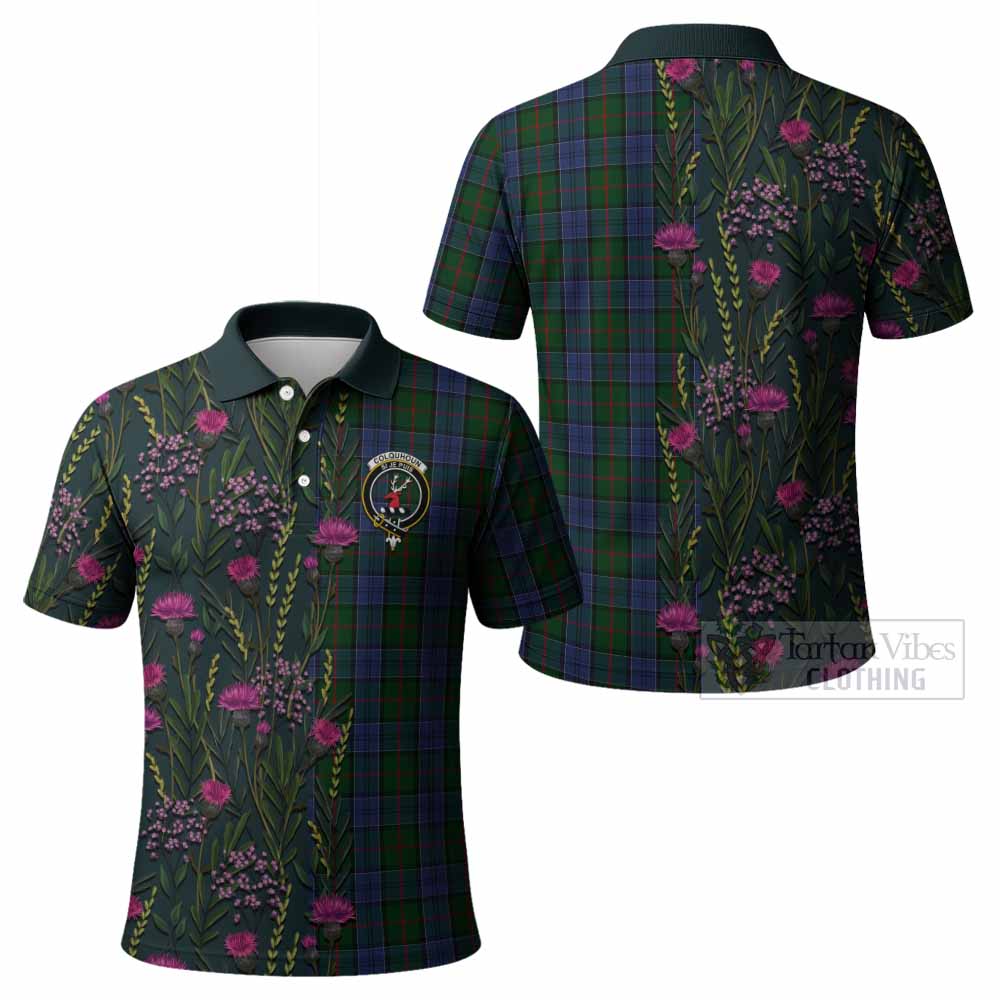 Colquhoun Family Crest Tartan Polo Shirt Scottish Thistle Flower Pattern Half Style - Tartan Vibes Clothing