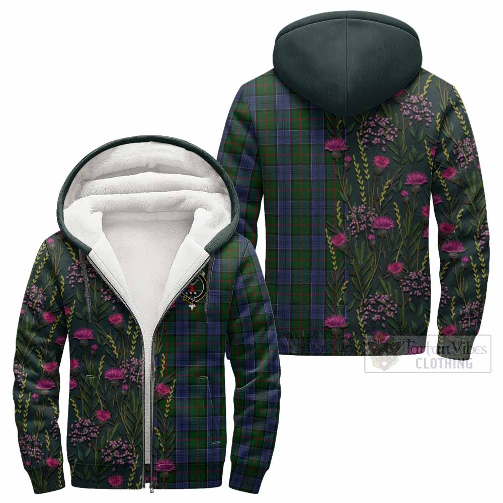 Colquhoun Family Crest Tartan Sherpa Hoodie Scottish Thistle Flower Pattern Half Style - Tartan Vibes Clothing