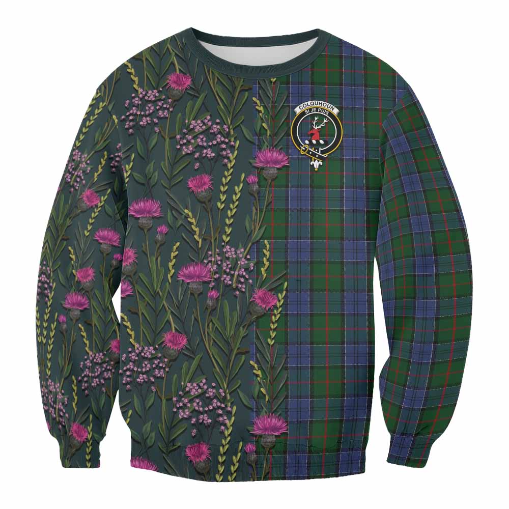 Colquhoun Family Crest Tartan Sweatshirt Scottish Thistle Flower Pattern Half Style - Tartan Vibes Clothing