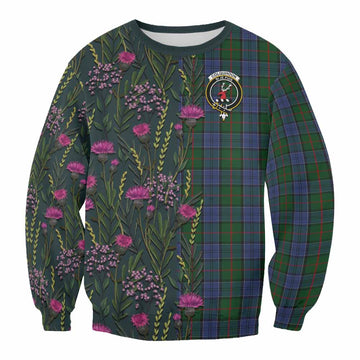 Colquhoun Family Crest Tartan Sweatshirt Scottish Thistle Flower Pattern Half Style