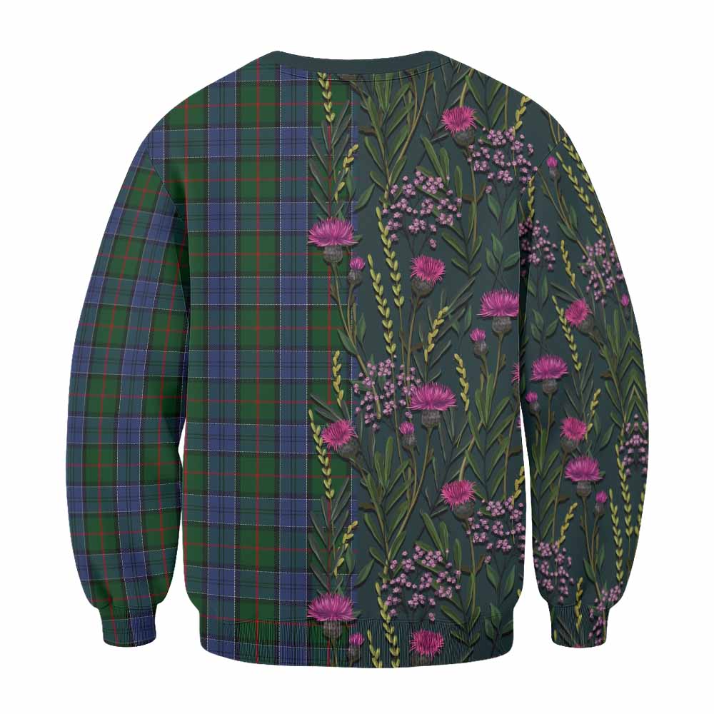 Colquhoun Family Crest Tartan Sweatshirt Scottish Thistle Flower Pattern Half Style - Tartan Vibes Clothing