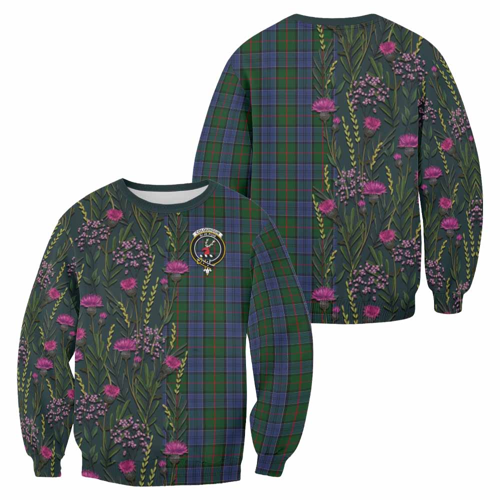Colquhoun Family Crest Tartan Sweatshirt Scottish Thistle Flower Pattern Half Style - Tartan Vibes Clothing
